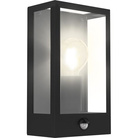 EGLO Lámpara de pared de exterior Alamonte, lámpara de exterior con detector de movimiento, sensor crepuscular, lámpara de pared de metal en negro, cristal en transparente, E27, IP44 (1/2)