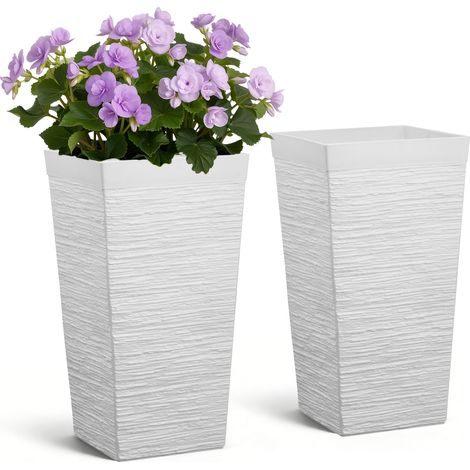 Jardinière Haute Lot de 2 Pot de Fleur Haut 58 cm pour Plantes Intérieur Extérieur Entrée Terrasse Jardin, avec Trous Drainage, Roulettes, Style Moderne en Plastique, Forme Carrée Conique, Blanc (1/5)