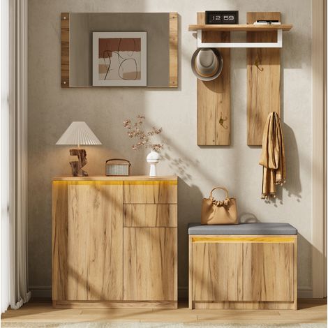 MODFU – Set guardaroba 130x35x124,5 cm in pannelli con specchio, appendiabiti, panca imbottita, vano contenitore, portata 50 kg e anti-ribaltamento – Naturale (1/5)