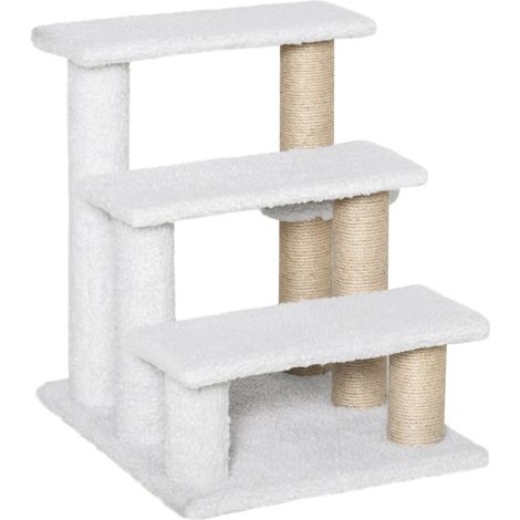 Escaliers 3 marches chat/chien jusqu'à 5 kg - Avec griffoir et balle jouet - Revêtement jute et peluche - Blanc 45x40x48 cm (1/5)