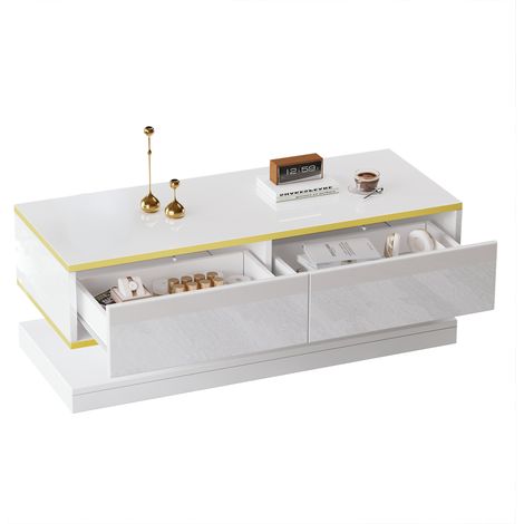 Table basse brillante 100 x 50 x 38 cm, table de salon avec 2 grands tiroirs, table de séjour unique, blanc chaud + bord doré, table d’appoint avec centre étroit et dessus et dessous larges (1/5)