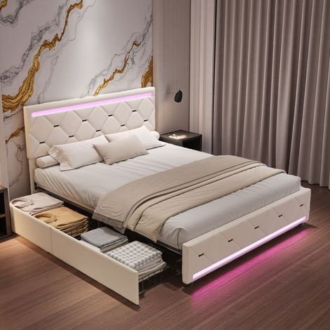 Letto Doppio 140x200 cm con 4 Cassetti in Velluto Beige, Illuminazione LED, USB e Rete Inclusa - Design Moderno Chic