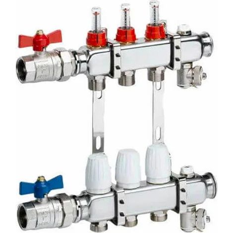 Somatherm – Collecteur inox 304 1'' avec débitmètres – 4 départs M 3/4EK – Purgeurs d'air automatiques – Support double inclus