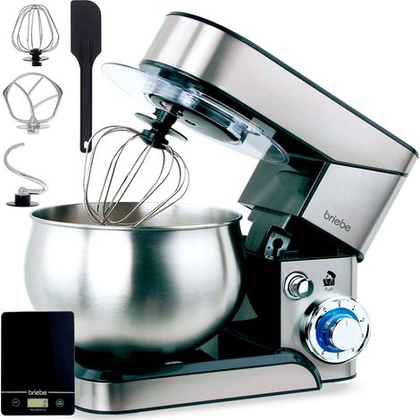 Briebe KM1114B Robot Pâtissier Cuisine Multifonction Bol Inox 5L 6 Vitesses + Balance Numerique 1800W Acier Inoxydable