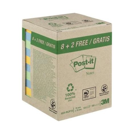 POST-IT Haftnotiz Post-it® Recycling Notes 76 x 76 mm (B x H) je 3 x gelb mint 4 x hellblau 100Bl./Block 10 Block/Pack. (1/4)