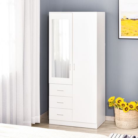 Armoire moderne à 2 portes avec miroir et 3 tiroirs. Étagères réglables et penderie. 80 x 50 x 180 cm. Blanche.