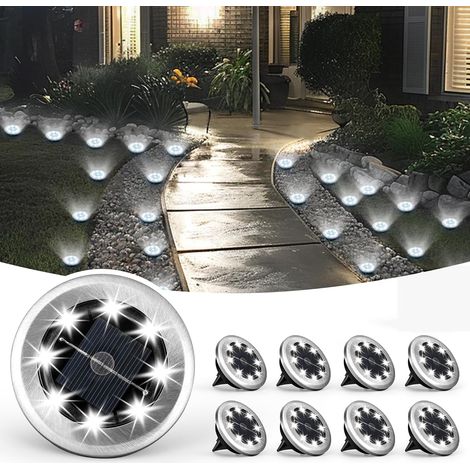 Lot de 8 lampes solaires encastrées au sol rondes, lumière blanche, cadre acier inoxydable, diamètre 7 cm (1/5)