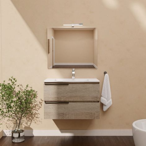 Mobile Bagno Sospeso 80Cm Con 2 Cassetti Rovere Well, 2 Maniglie, Lavabo Ceramica, Specchio E Lampada Led Berlin (1/5)