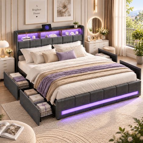 Lit double 140x190cm avec 4 tiroirs de rangement, lit adult avec 2 USB et 1 Type-C, Tête de lit avec LED, lit 140x200, lin gris
