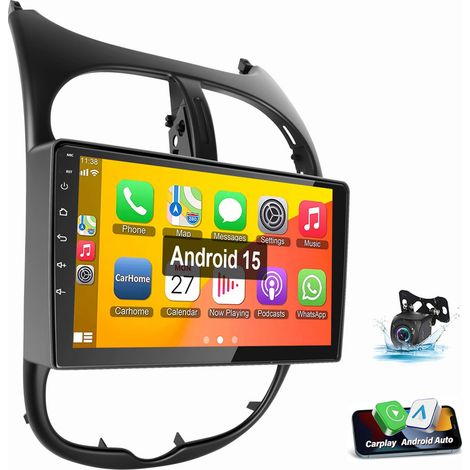 Autoradio Carplay Android 15 9" pour Peugeot 206 206CC 206SW 2001-2016 GPS RDS BT 1+32G CAM
