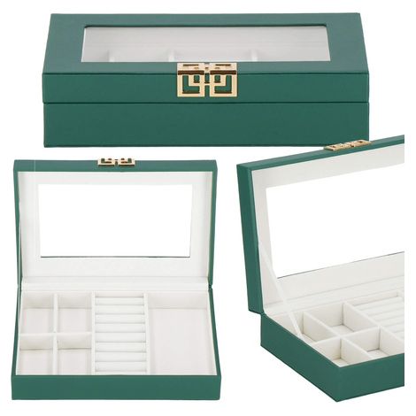Caja para joyas de 23,5x14x5,5 cm, organizador verde con compartimentos de cuero ecológico.