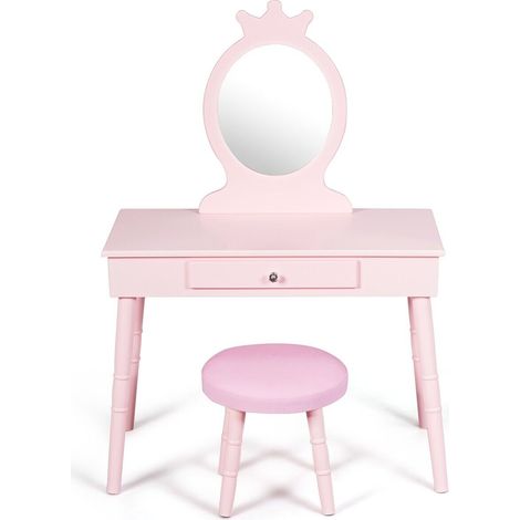 COSTWAY Kids Vanity Table and Chair Set Pretend Makeup Dressing Table W/ Mirror & Drawer (1/5)