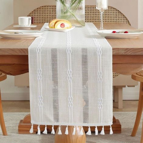 33160CM-Beige Embroidery Cotton Linen Table Runner Indoor Outdoor Farmhouse Cafe Style Table Runner 180cm with Tassels Handmade for Picnic, Party, Kitchen, Wedding (1/5)