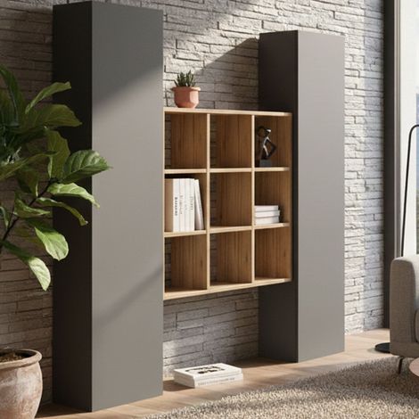 Dmora - Kommode Ddacru, Wohnzimmer-Set mit 2 Türen und Regalen, Wohnzimmer-Buffet, Küchen-Sideboard, 100% Made in Italy, cm 170x30h180, Anthrazit und Ahorn (1/5)