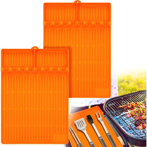 SJLERST 2 Pièces Tapis de Cuisson Barbecue 40  30 cm, Ustensiles Barbecue Compatible avec Grille à Gaz, Tapis de Spatule en Silicone Tapis d’Etagère Latérale pour BBQ Grills Comptoirs (Orange - Mince) (1/5)