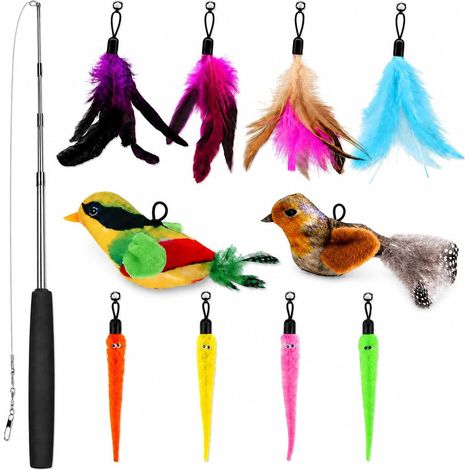 Lot de 11 jouets de pêche pour chat avec plumes - Jouet interactif pour chat - Plume stable avec tiges évolutives et 10 plumes - Oiseau et vers de rechange avec cloches (1/5)