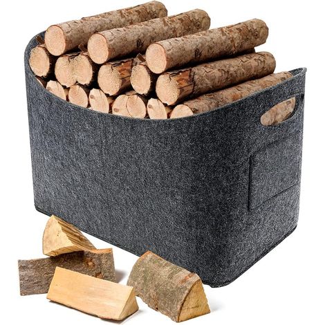 Felt Firewood Bag, Extra Large, Wooden Basket, 50 x 25 x 25 cm, Foldable, Dark Grey (1/5)
