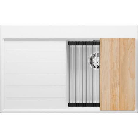 PRIMAGRAN Evier Cuisine en Granit 78x50cm, Lavabo 1 bac + Kit de Vidage + Accessoires, Évier à Encastrer au meuble 45cm - Sydney, Blanc (1/5)