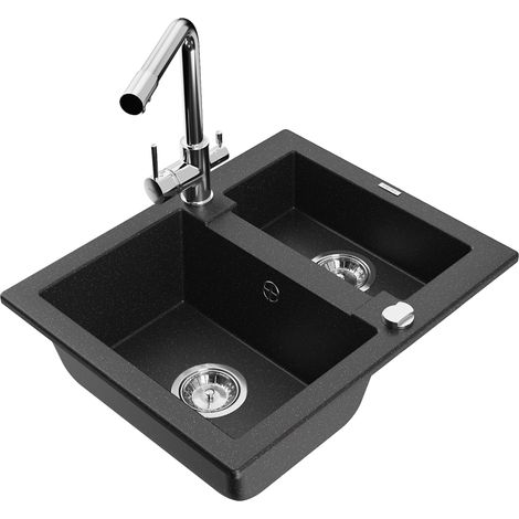 Mexen Carlos 1,5-Becken-Granitspüle mit Mischbatterie Duero, Schwarz/Silbermetallic - 6518-73-671600-00
