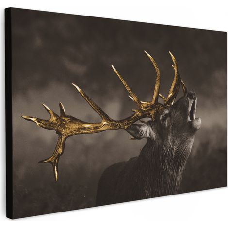 TABLEAU SUR TOILE Chevreuil - Noir - Or Toile Peinture Grand Format XXL 150x100 cm