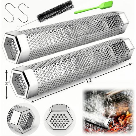 Générateur de fumée à froid en acier inoxydable, 2 paquets de 30 cm, kit avec brosse et crochets, générateur de fumée à froid pour barbecue, simple, 30 × 5 × 5 cm, argenté (1/5)