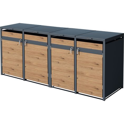 ML-Design Copribidone per 4 Bidoni di Spazzatura 240L 264x80x116,3 cm Antracite Effetto Quercia Acciaio Contenitore per Pattumiera Copri Bidone per Rifiuti con 4 Porte con Serratura (1/5)