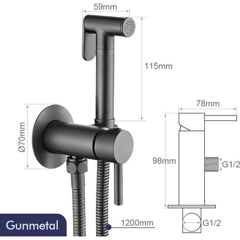 Kit de douchette WC chromée avec tuyau en caoutchouc de 1,2 pouce, mitigeur eau chaude/eau froide mural, robinet de bidet et douchette à main. (1/5)