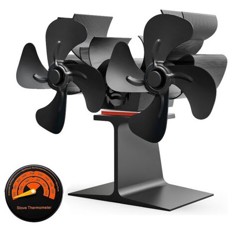 Dual-motor fan heater for wood, gas, or pellet stoves, with integrated magnetic thermometer, black. Compatible with wood, gas, and pellet stoves.--DTEKGAZ
