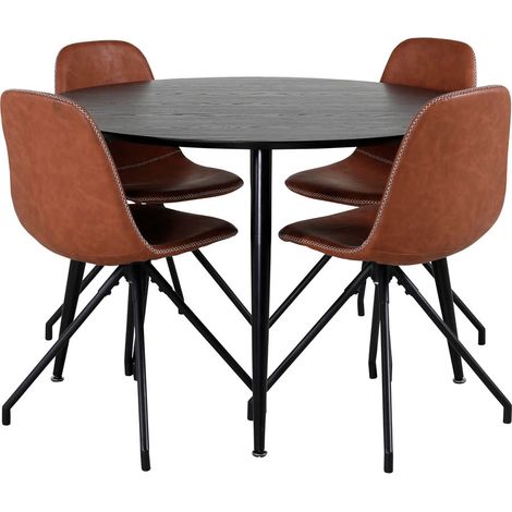 DippØ115BLBL ensemble table, table noir et 4 Polar chaises Similicuir PU marron. (1/5)