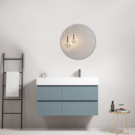 Mobile bagno sospeso cannettato 100 cm Blu Avio Lavabo a Destra in Resina Specchio Tondo - Fiji Paint (1/4)