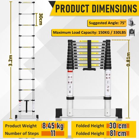 Wolketon Aluminium-Teleskopleiter 3,2 m, gerade Anlegeleiter mit Stabilisator, belastbar bis 150 kg (1/4)