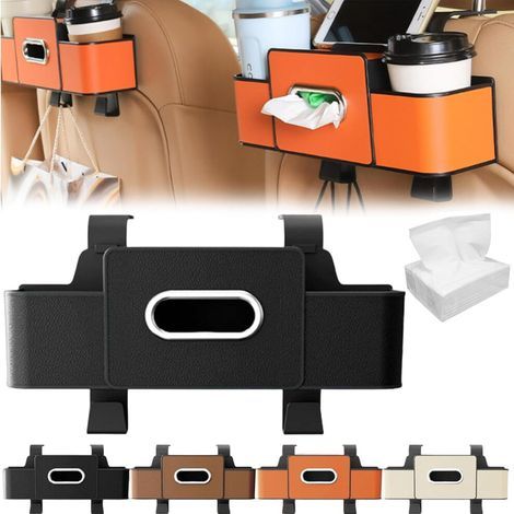 Organisateur de siège arrière 3 en 1 pour SUV et berlines : porte-gobelet, boîte à mouchoirs, sacs poubelle Contient 100 mouchoirs Compatible avec la plupart des modèles de voitures (Noir) (1/2)
