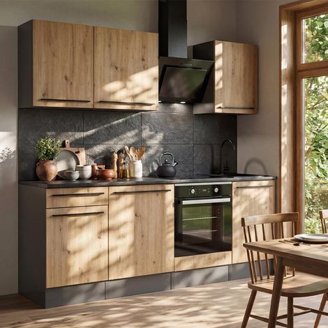 Ensemble Meuble de Cuisine "Porto" 220cm Anthracite & Naturel