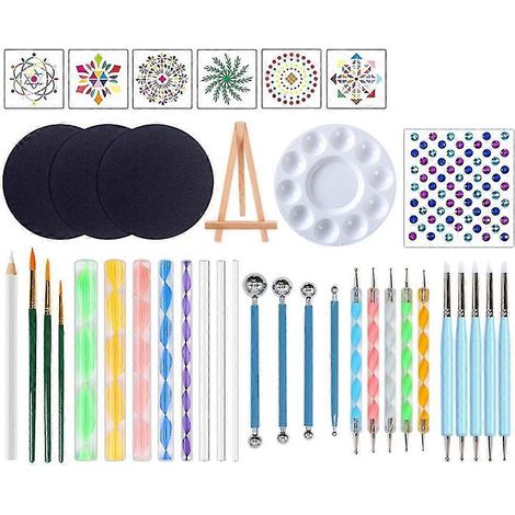 Kit de peinture mandala à points (38 pièces) - Pochoirs et outils pour peinture à points, kit de fournitures artistiques et de loisirs créatifs, plateau inclus (1/4)