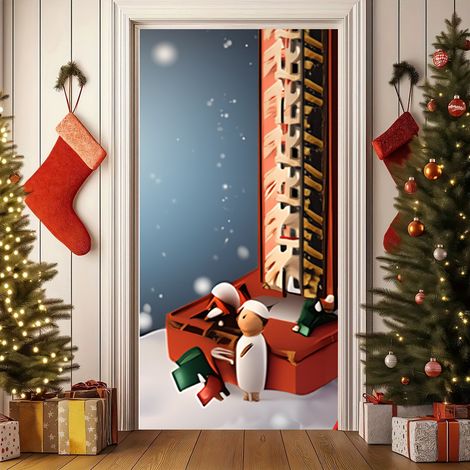Nouvelle décoration de porte de Noël, motif Père Noël pour jardin, cour ou extérieur - 90 x 180 cm (perforée + ruban) - 46