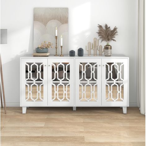 Buffet 160x40x84 cm blanc en MDF avec façades miroir, 4 portes et étagère réglable (1/5)