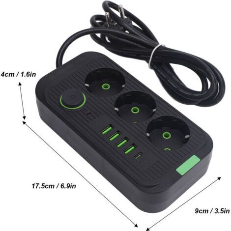 NALOOKAMIC Bloc d'alimentation européen 3 prises 4 ports USB 1 type C avec câble de 2 m pour rallonge de prise électrique murale--