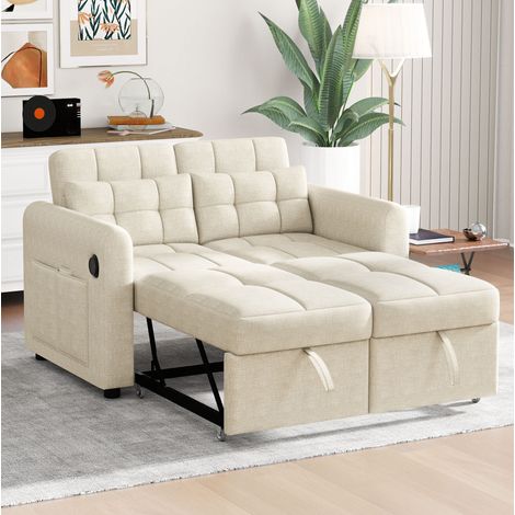 Sofá 142x85x83 Cm 3-en-1 Beige Algodón-lino, Respaldo Ajustable, Bolsillos Laterales Y Puertos USB (1/5)