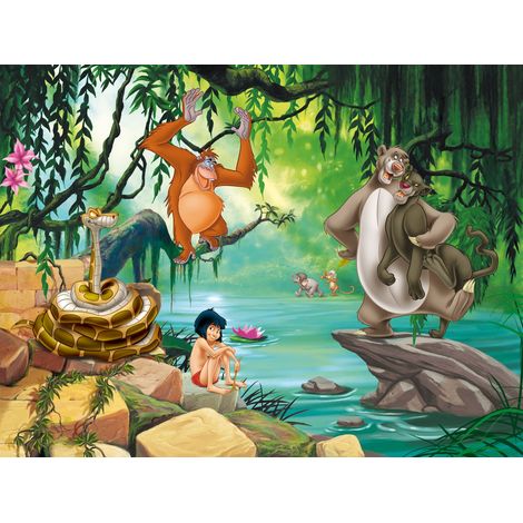 Papier peint panoramique Le Livre de la jungle vert, bleu et beige – Dimensions 375 x 270 cm – Facile à poser – 5 panneaux intissés – Disney (1/5)