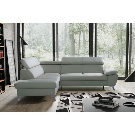 Canapé d'angle convertible en cuir italien de luxe 5/6 places WARREN II, avec coffre, gris clair, angle gauche (1/4)