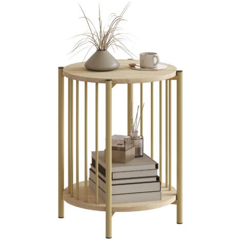 BUNTHAUS Table d'appoint, bout de canapé à 2 niveaux avec étagère de rangement et cadre en acier, Ø 41 x 49 cm effet bois naturel (1/4)