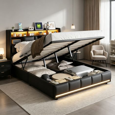 Lit coffre 140x190 cm,Lit capitonné double avec LED et Ports USB,ête de lit avec rangement,Lits 2 Personnes Sommier à Lattes,pour Adultes et Adolescents,PU noir (1/5)