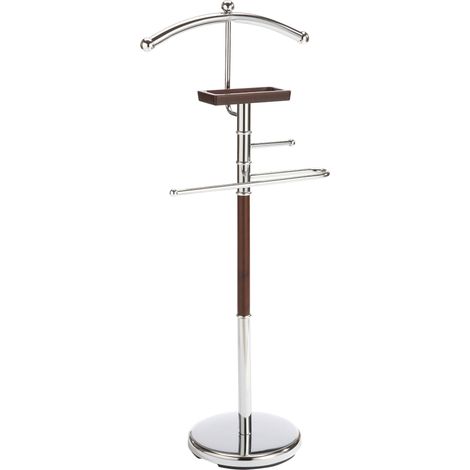 Valet de Chambre en Métal Chromé et Bois Hauteur 108 cm, Valet de Nuit Stable avec Vide-Poches et Porte-Cravates, Porte-Vêtements de Femme Homme (1/5)