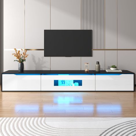 Meuble tv mural 180 cm noir et blanc brillant avec led rgb et port usb, design moderne pour salon (1/5)