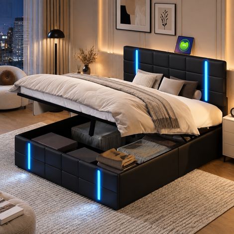 Lit coffre 140x200 cm,éclairage LED,lit double capitonné,port USB,cadre de lit 140×200,rangement hydraulique,style moderne,sommier à lattes,lit adultes,lit ados,similicuir PU,Noir (1/5)