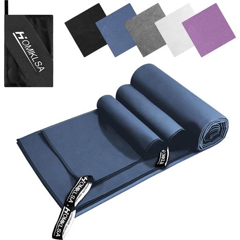 Serviettes Microfibre – Lot de 3 (1×200×100cm & 2×80×40cm), Séchage Rapide, Douces et Légères, Idéales pour Voyage, Sport, Plage, Salle de Sport – Bleu Foncé (1/5)