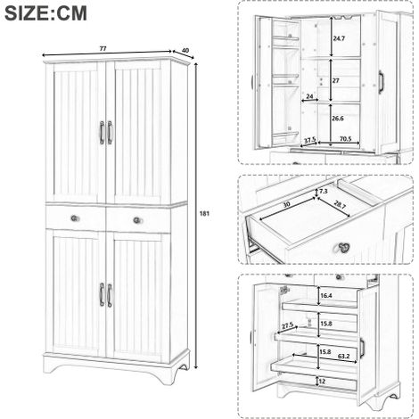 Armoire haute avec étagères réglables et tiroirs — Dotée d'étagères coulissantes et de doubles portes style réfrigérateur — Le choix idéal pour la salle à manger, le salon et la cuisine (Noir) (1/4)