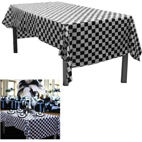 Lot de 2 nappes jetables en plastique à carreaux noirs et blancs, 137 x 274 cm, emballées individuellement. (1/5)