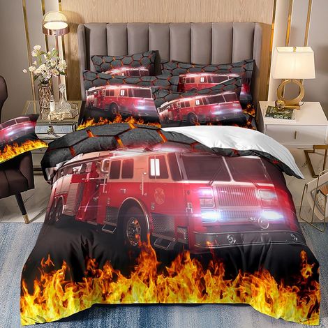 Parure de lit sur le thème des pompiers, housse de couette 135 x 200 cm et 1 taie d'oreiller 80 x 80 cm, en microfibre, motif camion de pompiers pour garçon et adolescent, décoration de voiture (1/5)