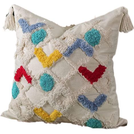Housse de coussin décorative bohème 45x45 cm, housse de coussin tissée et touffetée avec pompons, housse de coussin bohème pour canapé, chambre ou salon (coussin non inclus, 1 pièce)